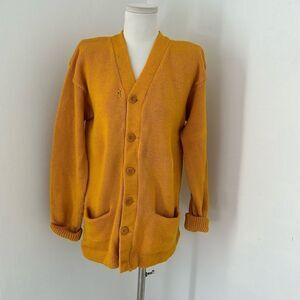 Vintage 50s Tattered Yellow Knit Cardigan Grandpa Sweater